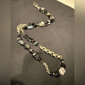 Vintage Agate and Onyx Bead Necklace with Sterling Silver Accents